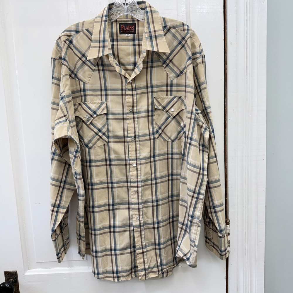 Vintage Plains Western Wear Mens XL Pearl Snap Plaid Shirt Tan Brown Black